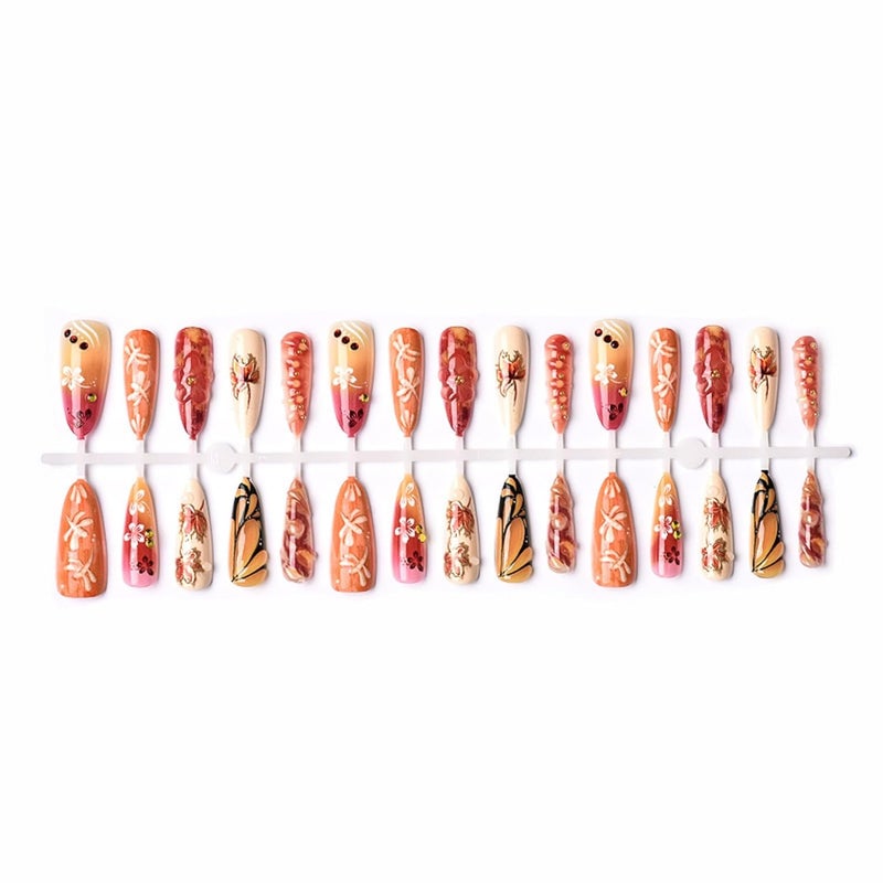 SEENEEY Fall Long Press on Nails Almond Fake Nails Red Maple Leaves Designs Artificial Nail Black Butterfly Designs Floral Stick on Nail for Women 30pcs - Image 3